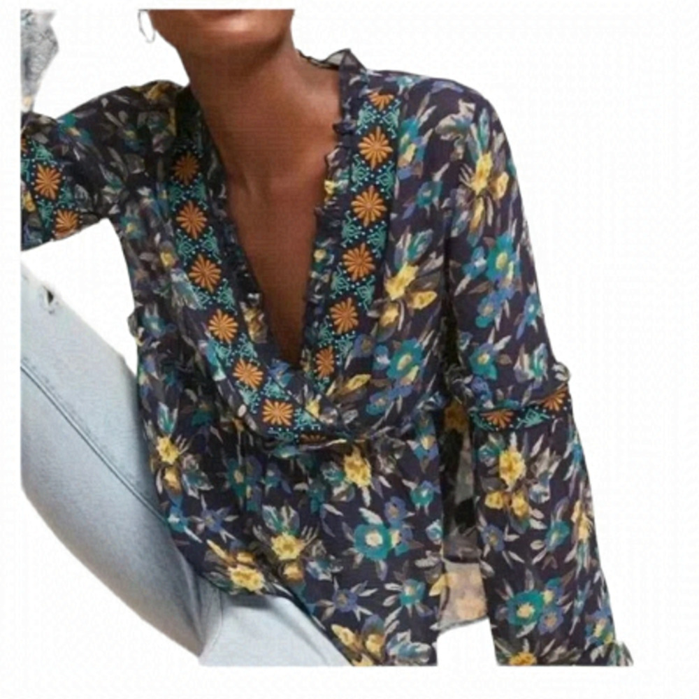 ANTHROPOLOGIE Meadow Rue Strasser Floral Print Embellished Long Sleeve Blouse XS
